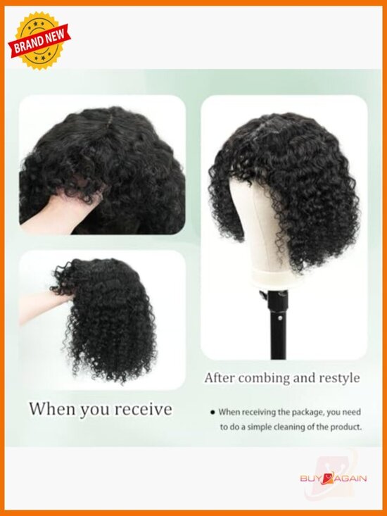 12 Inch Deep Wave Bob Wig with Bangs 200 Density Virgin Human Hair Glueless main image 5